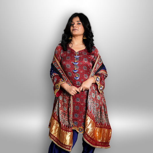 Modal Silk With Ajrakh Bandhani Dupatta