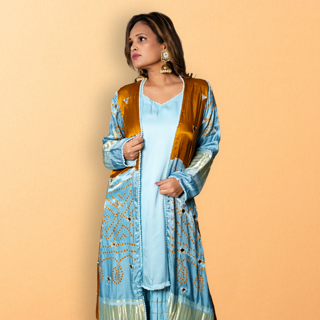 Pure Modal Silk Bandhini Jacket Style With Georgette Gharara