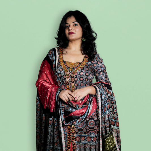 Pure Modal Ajrakh With Ajrakh Bandhani Modal Silk Dupatta