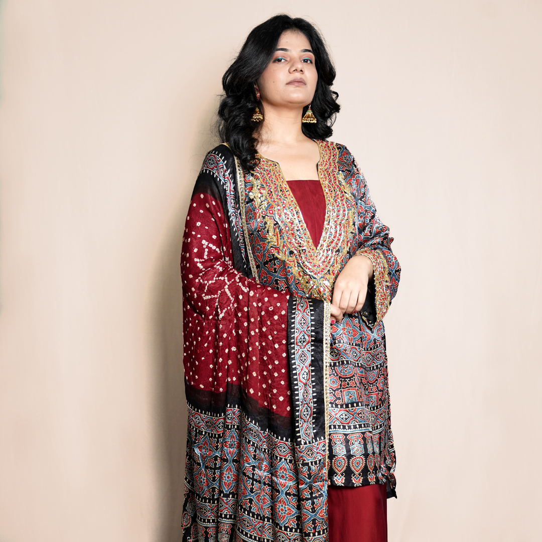 Pure Modal Silk With Ajrakh Bandhani Dupatta