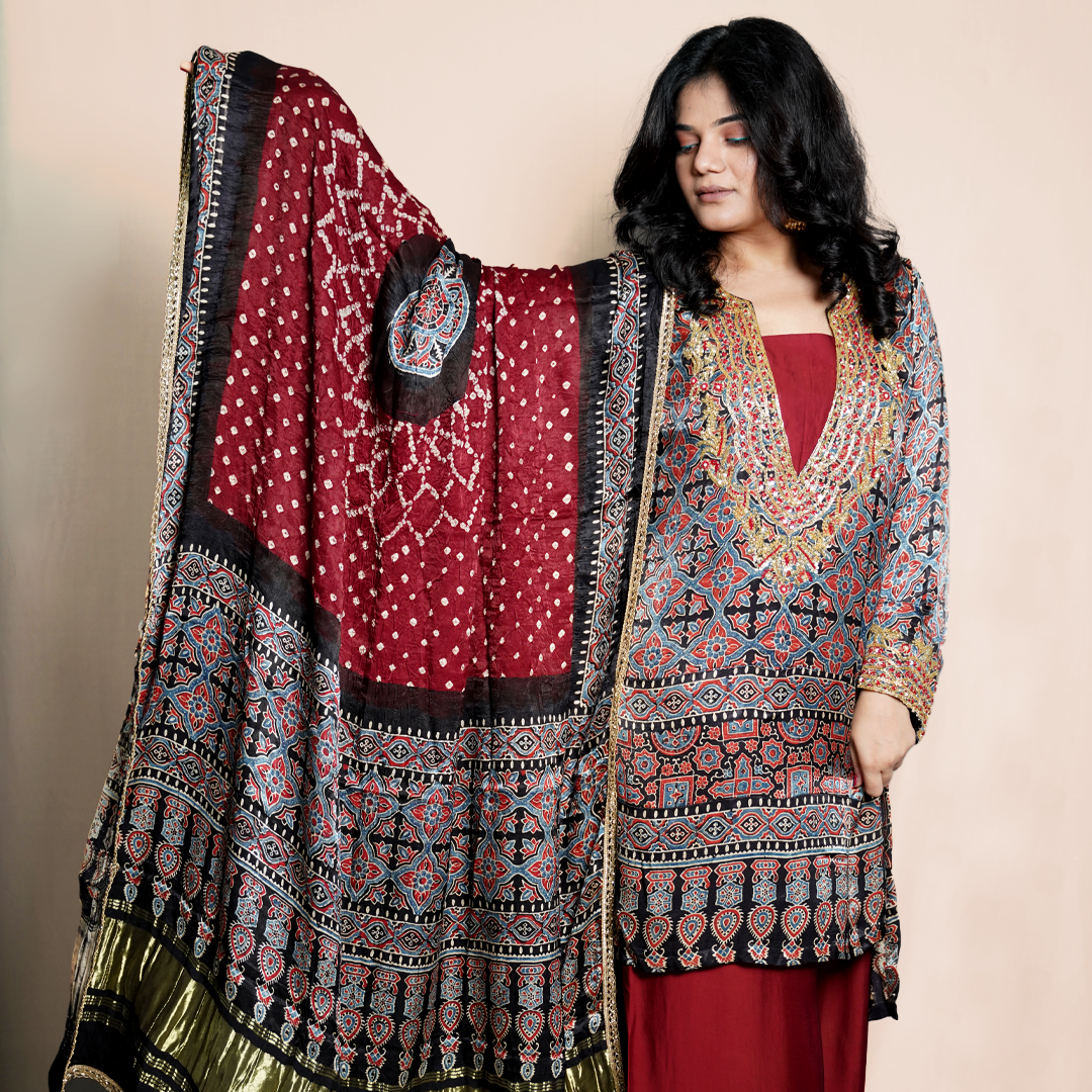 Pure Modal Silk With Ajrakh Bandhani Dupatta